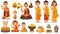 set of Buddha Purnima cartoon characters and design elements. Buddhists give gifts of cash and volunteer