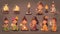 set of Buddha Purnima cartoon characters and design elements such as Girls make offerings of candles, flowers and