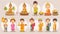 set of Buddha Purnima cartoon characters and design elements such as vegetarian food