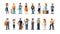 Set of builders, technicians, engineers and industrial workers cartoon people characters in uniform isolated line art flat vector