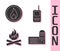 Set Building of fire station, Fire flame, Campfire and Walkie talkie icon. Vector