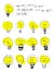 Set of bulb icons, stylized kids drawing. Childish text about choosing an idea, cute ison. Children drawing of lamps