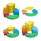 Set of bulk isometric pie charts different heights, hard stroke, separated segments