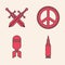 Set Bullet, Crossed medieval sword, Peace and Aviation bomb icon. Vector