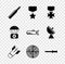 Set Bullet, Military reward medal, Aviation bomb, Radar with targets, knife, Parachute first aid kit and Submarine icon