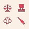 Set Bullet, Scales of justice, Kidnaping and Handcuffs icon. Vector