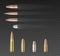 Set of bullets of different caliber over transparent background. 3d realistic bullets collection.