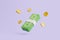 Set of Bundles of money and gold coins floating on pastel violet background