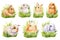 Set bunnies in the grass on an isolated background, painted with watercolor, fluffy rabbit, easter picture