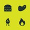 Set Burger, Fire flame, Barbecue grill and Steak meat icon. Vector
