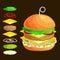 Set of burger grilled beef vegetables dressed with sauce bun snack, hamburger fast food meal menu barbecue meat with
