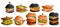 Set burgers with cheese, meat, bacon, vegetables