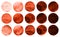 Set of burgundy, brown, dark red, sienna, rufous, maroon watercolor circles isolated on white.