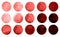 Set of burgundy, brown, dark red, sienna, rufous, maroon watercolor circles isolated on white.