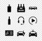 Set Burning candle, Bottles of wine box, Cars, Music book with note, Electric car and Police flasher icon. Vector