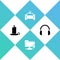 Set Burning candle in candlestick, FTP settings folder, Police car flasher and Headphones icon. Vector