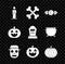 Set Burning candle, Crossed bones, Candy, Zombie mask, Pumpkin, and Tombstone with RIP icon. Vector