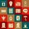 Set Burning candle, Umbrella, Skull, Grave with tombstone, Obituaries, Coffin dead, Signboard and Beat monitor icon
