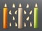 Set of burning candles with different flames. Vanilla, orange and green paraffin or wax on transparent background.