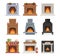 Set of Burning Fireplace Design. Indoors Heating System in Modern and Vintage Style. Classic and Modern Stoves with Fire