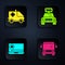 Set Bus, Ambulance and emergency car, Laptop with location marker and Taxi car. Black square button. Vector