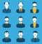 Set business people, front portrait of males isolated on blue ba