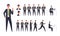 Set of businessman characters in different poses. Working, standing, walking, sitting and running