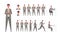 Set of businessman characters in different poses. Working, standing, walking, sitting and running