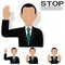 Set of businessman is presenting stop sign with his hand