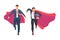 Set businessman and superwoman superhero actions running flight takeoff.