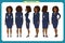 Set of Businesswoman character design. Front, side, back. Business girl. Cartoon style, flat vector isolated. African American