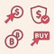 Set Buy button, Cursor and coin, Shield with dollar and Cryptocurrency coin Bitcoin icon. Vector