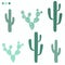 Set of cactus of different shapes in shades of green with and without thorns. Hand drawn succulents cacti desert plants. Simple