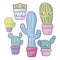 set of cactus tropicals and plants in pots kawaii style