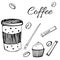 Set of cafe assortment elements. Paper cup of coffee, beans, sugar sticks. Vector illustration in hand drawn style.