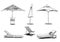 Set of caise lognue chairs  and umbrellas, pool and beach  furniture vector line drawing