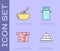 Set Cake with burning candles, Kitchen whisk bowl, Bread toast and Can container for milk icon. Vector