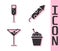 Set Cake, Glass of champagne, Martini glass and Firework rocket icon. Vector