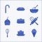 Set Cake, Stack of pancakes, Ice cream in waffle cone, Kitchen whisk and rolling pin, bowl and Christmas candy cane icon