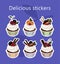 Set of cake stickers with berries fruits chocolate cookies waffles cherries strawberries currants