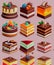 Set of cake, tiramisu, cheese cake, red velvet, orange, carrot, chocolate,