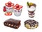 set cake: trifle, cheesecake dessert, chocolate cake, cinnamon roll, isolated on white background
