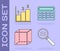 Set Calculation, Graph, schedule, chart, diagram, Geometric figure Cube and Calculator icon. Vector