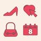 Set Calendar with 8 March, Woman shoe, Heart and cursor click and Handbag icon. Vector