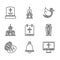 Set Calendar with Easter, Church bell, Christian cross on monitor, Coffin, bread, building, Dove and Grave tombstone