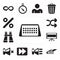Set of Calendar, Notebook, Speaker, Fast forward, Mute, Television, Binoculars, Shuffle, Percent, editable icon pack