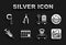 Set Calendar, Radius, Route location, Scales, Syringe, with suitcase, Micrometer and Drawing compass icon. Vector