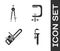 Set Calliper or caliper and scale, Drawing compass, Chainsaw and Clamp and screw tool icon. Vector