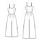 Set of cami jumpsuits culotte overall technical fashion illustration with full ankle length, rise, double pleats, strap