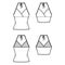Set of Camisoles halter neck surplice tanks technical fashion illustration with empire seam, bow, slim fit